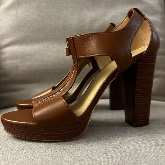 Michael Kors Berkley Mid Sandals Luggage Brown Size 10 M Stacked Heel Zipper - Picture 1 of 8